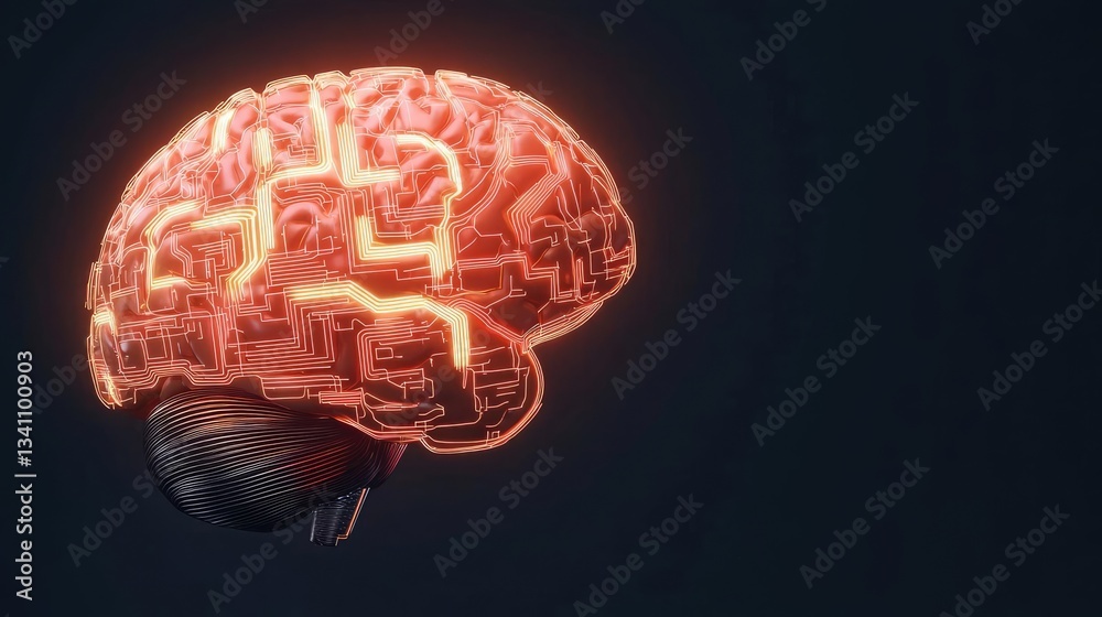 Poster Artificial intelligence database in cyberspace circuit concept. Futuristic brain illustration with glowing circuitry details.