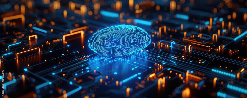 Poster Artificial intelligence database in cyberspace circuit concept. Futuristic digital currency concept with glowing circuit board.
