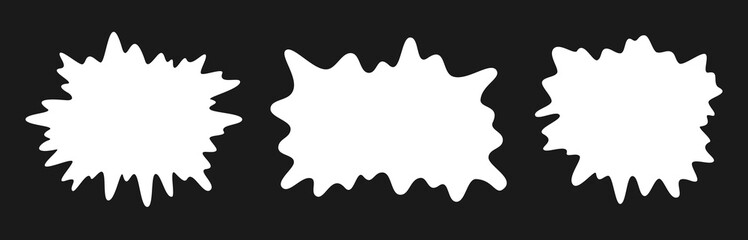 Abstract hand drawn wavy smooth monochrome white paint spot, blot, splash, explosion. Isolated on black background frame, sticker, text box for inscription sale, new. Flat vector illustration EPS10