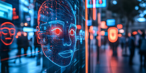 Facial Recognition Technology on Digital Display, Smart City Security, Digital Portrait
