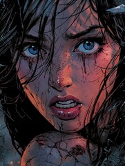 A hyper-detailed close-up of a woman with wide, terrified eyes, her pupils dilated as if caught in terror