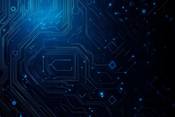 Abstract close-up of a glowing blue digital circuit board, showcasing intricate connections and technological design on a black background.
