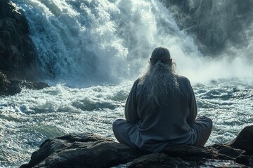 Obraz premium Serene Meditation by Waterfall