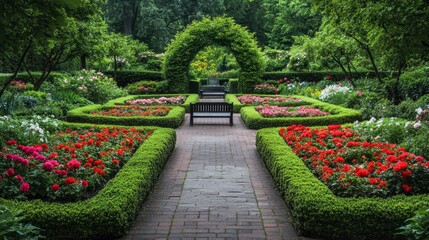 A perfectly symmetrical and meticulously organized garden, with identical trees, flowers, and pathways
