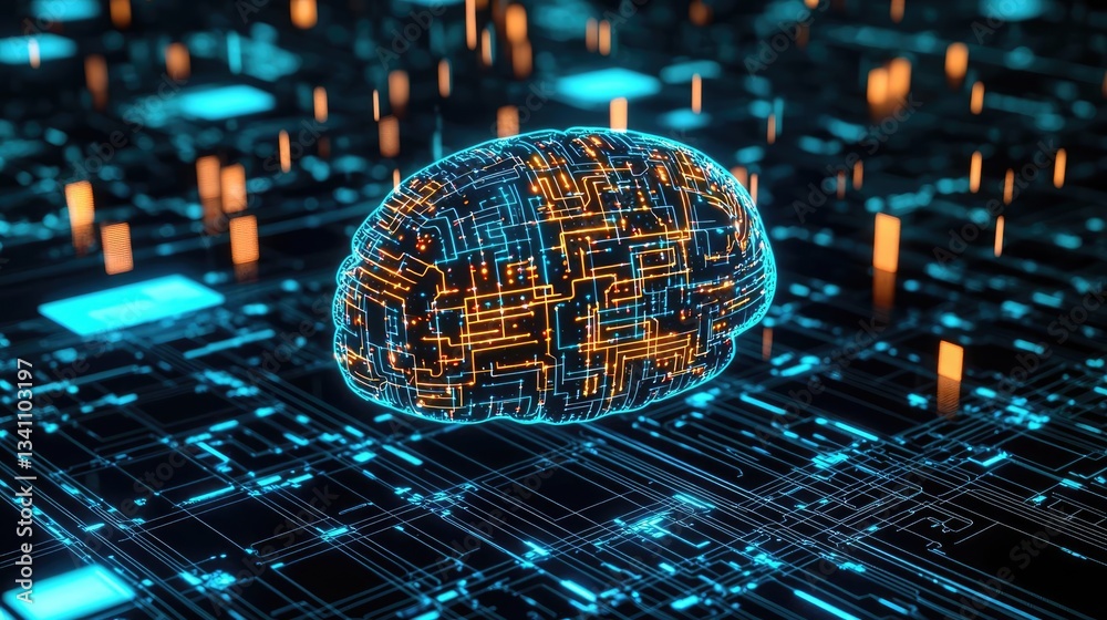 Poster Artificial intelligence data circuit in cyberspace computing concept. Futuristic digital brain with circuit patterns and glowing elements.