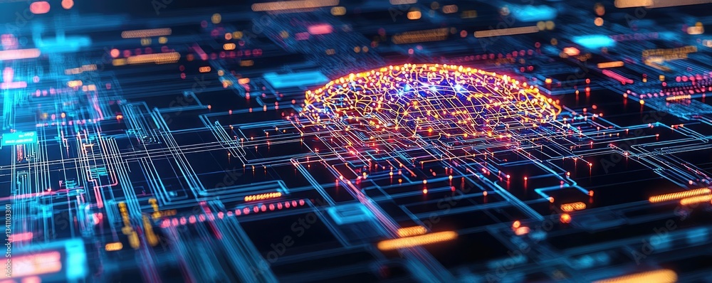 Poster Artificial intelligence database and future computing concept. Futuristic digital network concept with glowing data points.