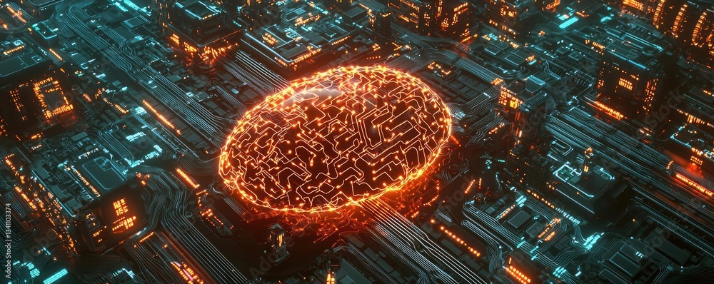 Aufkleber Artificial intelligence database and future computing concept. Futuristic circuit design glowing in vibrant orange and blue tones.
