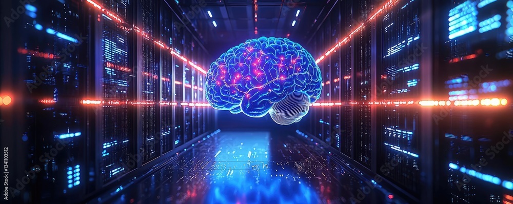 Poster Artificial intelligence data circuit in cyberspace computing concept. Futuristic digital brain in a server room representation.