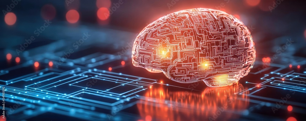 Aufkleber Artificial intelligence database in cyberspace circuit concept. A digital brain made of circuits and glowing connections.