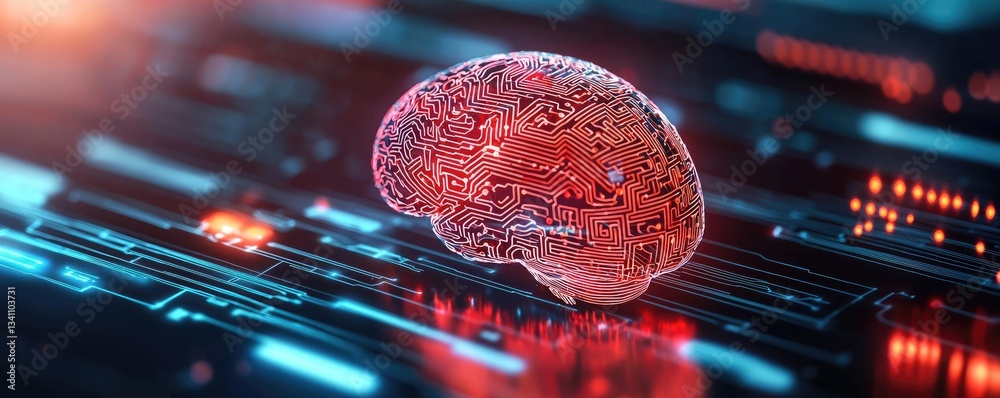 Poster Artificial intelligence database in cyberspace circuit concept. A digital brain surrounded by futuristic circuit patterns.