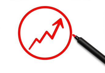 Hand-drawn illustration, red circle, arrow pointing upward , isolated on white background 