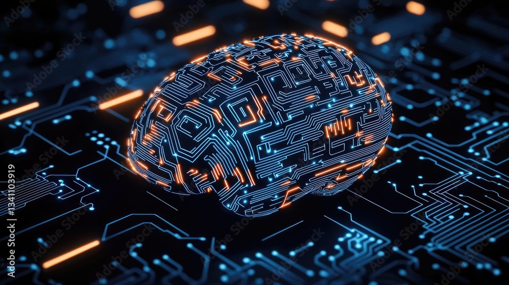 Poster Artificial intelligence data circuit in cyberspace computing concept. Futuristic brain design showcasing advanced circuitry.