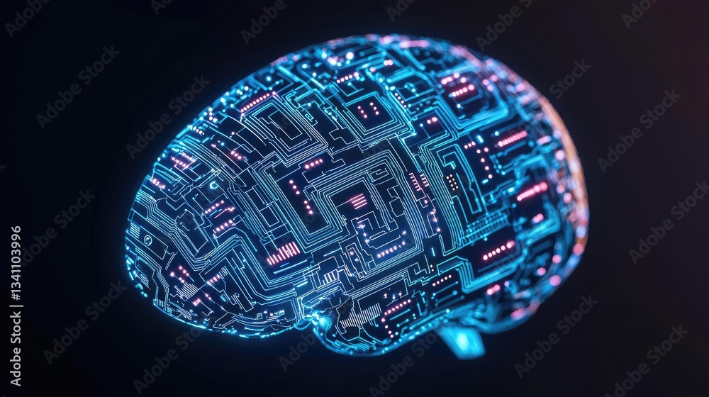 Poster Artificial intelligence data circuit in cyberspace computing concept. Futuristic brain design showcasing digital circuits and connections.