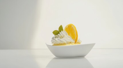 Lemon mousse with tangy lemon, whipped cream, and a smooth finish, presented in a white bowl, refreshing and citrusy Hyper-quality professionnal photography, ultra detailed, high resolution