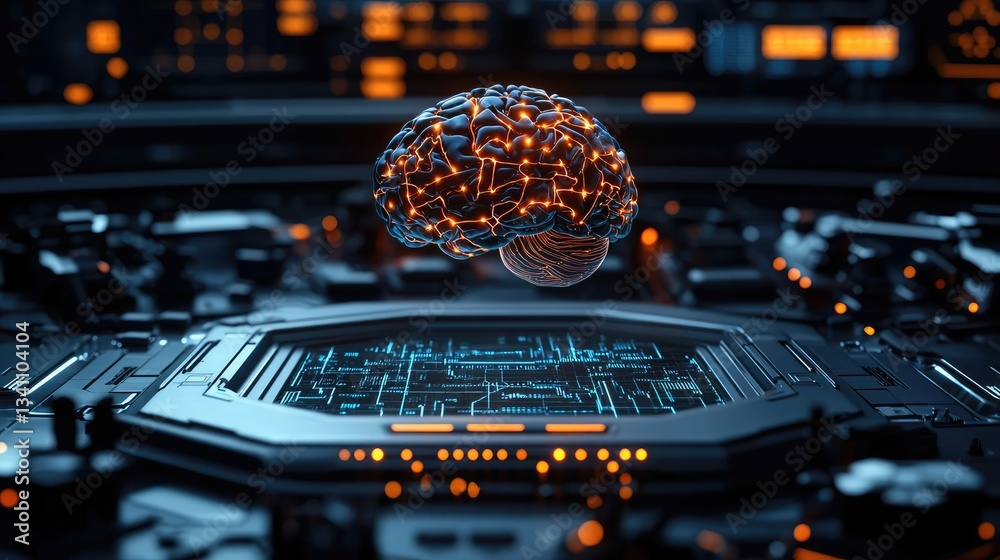 Poster Artificial intelligence database in cyberspace circuit concept. Futuristic brain with circuits in a high-tech environment.