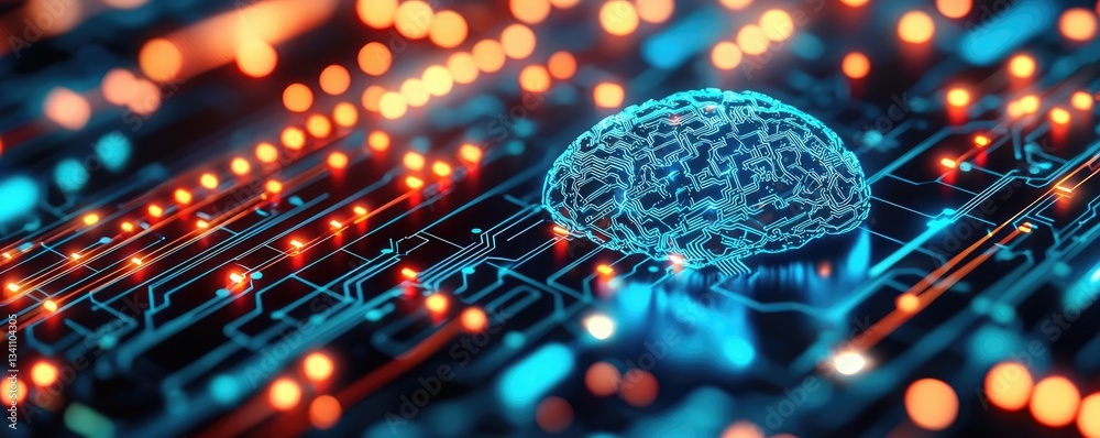 Poster Artificial intelligence database and future computing concept. Futuristic digital brain on a circuit board with glowing lights.