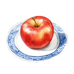 A Watercolor Fresh red apple on a blue plate Front View. Traditional Persian New Year Hyacinth, isolated on a white background. Nowruz vector design set
