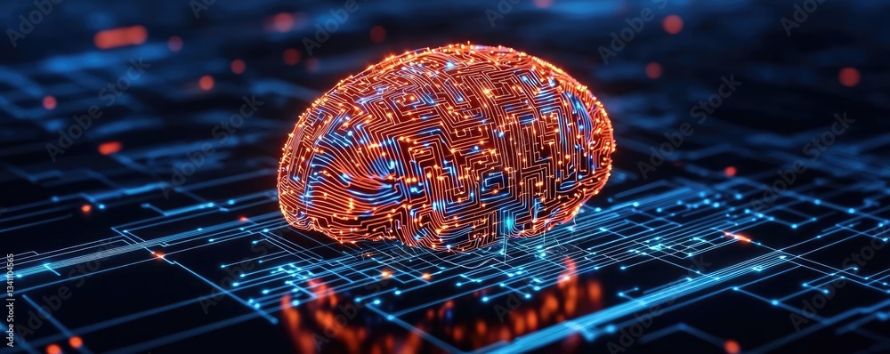 Aufkleber Artificial intelligence database in cyberspace circuit concept. A digital brain showcasing neural connections and data flow.