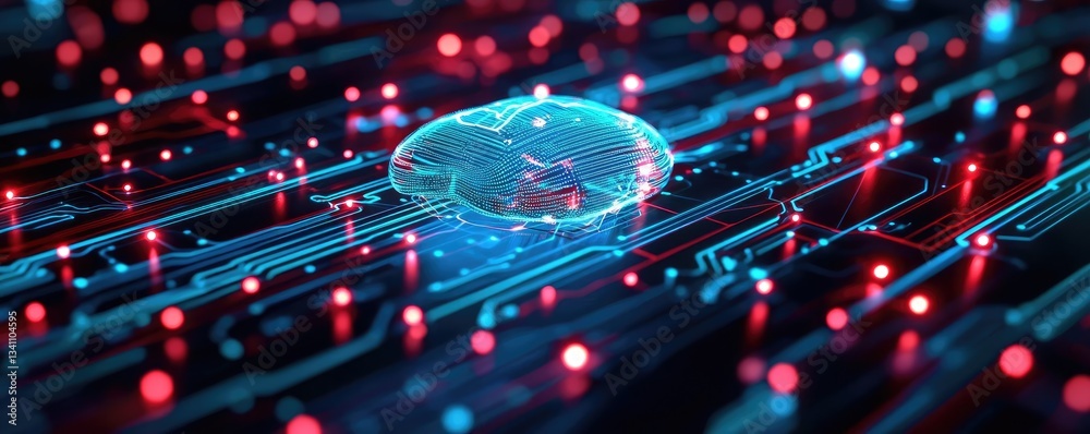 Poster Artificial intelligence database in cyberspace circuit concept. A futuristic digital circuit with glowing elements.