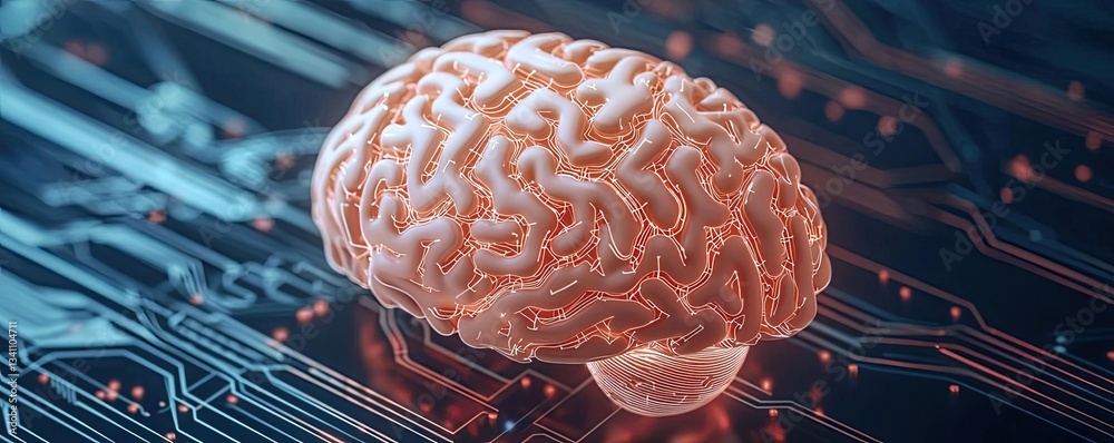 Poster Artificial intelligence data circuit in cyberspace computing concept. Abstract depiction of a brain on a circuit board background.