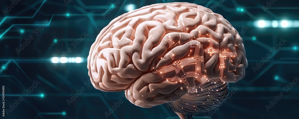Poster Artificial intelligence database and future computing concept. Futuristic human brain with digital connections and technology.