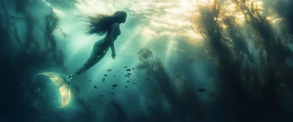 Printed kitchen splashbacks Mystical underwater realm of a shimmering mermaid in ocean depths
