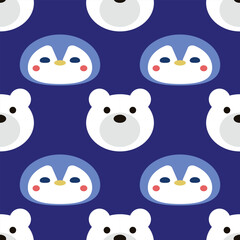 Cute Penguin and Bear Vector Seamless Pattern Digital Paper – Adorable Winter Animal Nursery Background, Baby Shower Scrapbook Paper, Kids Room Decor, Kawaii Arctic Wildlife Illustration, Blue and Whi