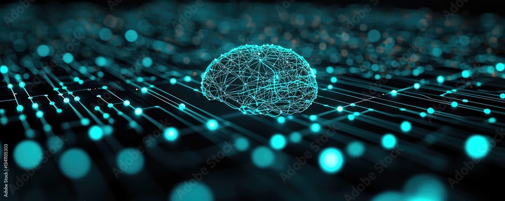 Aufkleber Artificial intelligence database and future computing concept. Futuristic digital brain network with glowing connections.