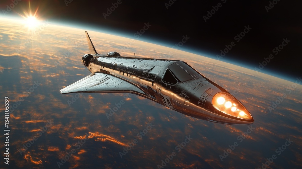 Poster a futuristic spaceplane ascends into the upper atmosphere, utilizing advanced electromagnetic propul