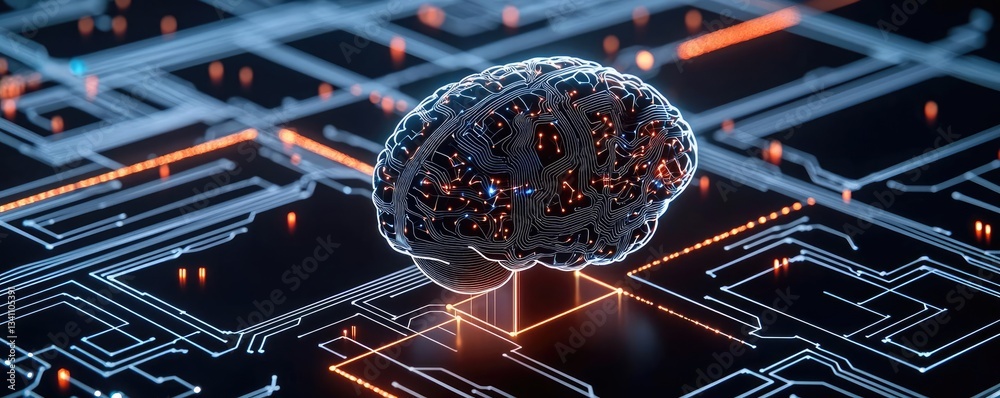 Aufkleber Artificial intelligence database and future computing concept. Futuristic brain illustration on circuit board background.