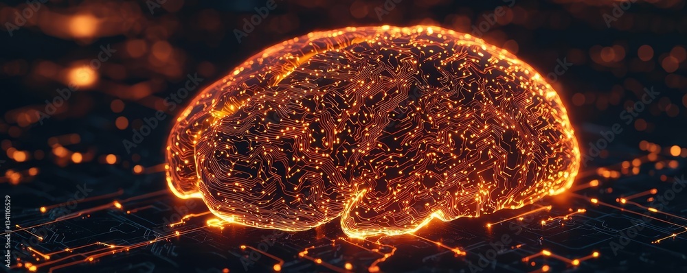 Poster Artificial intelligence database and future computing concept. Glowing brain design representing artificial intelligence concept.