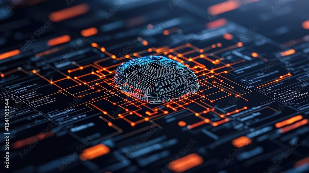 Poster Artificial intelligence database and future computing concept. Futuristic digital circuit board with a glowing chip.