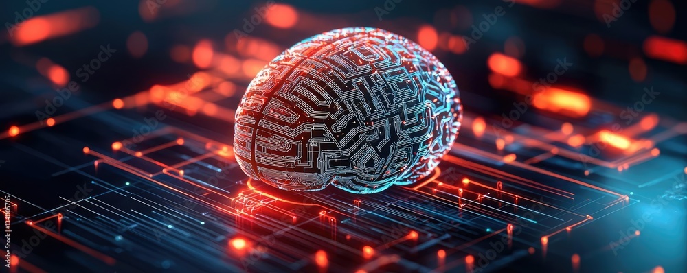 Poster Artificial intelligence database in cyberspace circuit concept. Futuristic brain with circuit pattern on digital background.