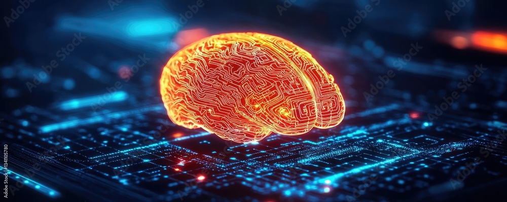 Poster Artificial intelligence database in cyberspace circuit concept. Futuristic digital brain concept on a circuit board design.