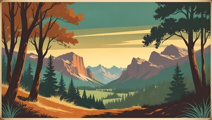 picturesque wilderness scene with rolling hills and pine trees in classic poster art for use in adventure branding, travel brochures, and retro postcard collections