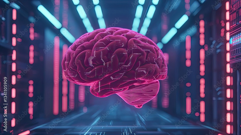 Poster Artificial intelligence database in cyberspace circuit concept. A digital representation of a brain in neon colors.