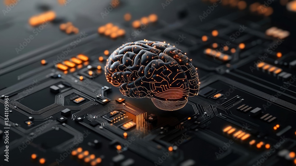 Aufkleber Artificial intelligence database and future computing concept. A futuristic brain on a circuit board background.