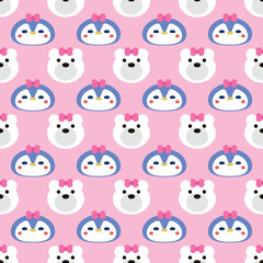 Cute Penguin and Bear Vector Seamless Pattern Digital Paper – Adorable Winter Animal Nursery Background, Baby Shower Scrapbook Paper, Kids Room Decor, Kawaii Arctic Wildlife Illustration, Blue and Whi