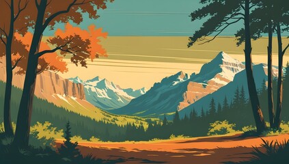 nostalgic nature artwork showcasing majestic peaks and lush greenery in retro aesthetic for use in home decor, themed merchandise, and travel inspired designs