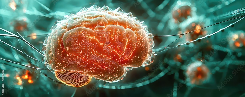 Poster Artificial intelligence database and future computing concept. An abstract representation of a brain with interconnected neurons.