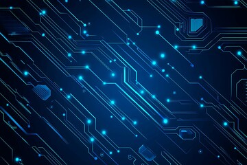 Abstract close-up of a glowing blue digital circuit board, showcasing intricate connections and technological design on a black background.
