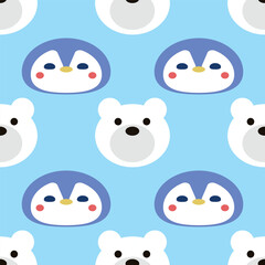 Cute Penguin and Bear Vector Seamless Pattern Digital Paper – Adorable Winter Animal Nursery Background, Baby Shower Scrapbook Paper, Kids Room Decor, Kawaii Arctic Wildlife Illustration, Blue and Whi