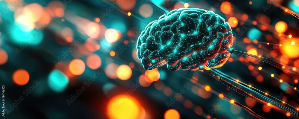 Poster Artificial intelligence database in cyberspace circuit concept. Abstract visualization of a brain with glowing connections.