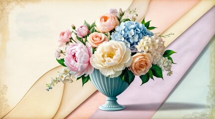 Obraz premium elegant floral arrangement in vintage porcelain vase with pastel blooms for use in retro greeting cards, home decor prints, and nostalgic stationery