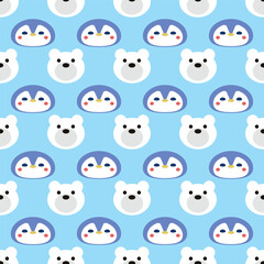 Cute Penguin and Bear Vector Seamless Pattern Digital Paper – Adorable Winter Animal Nursery Background, Baby Shower Scrapbook Paper, Kids Room Decor, Kawaii Arctic Wildlife Illustration, Blue and Whi