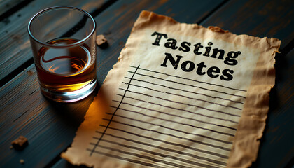 Tasting notes – whiskey evaluation on wooden table