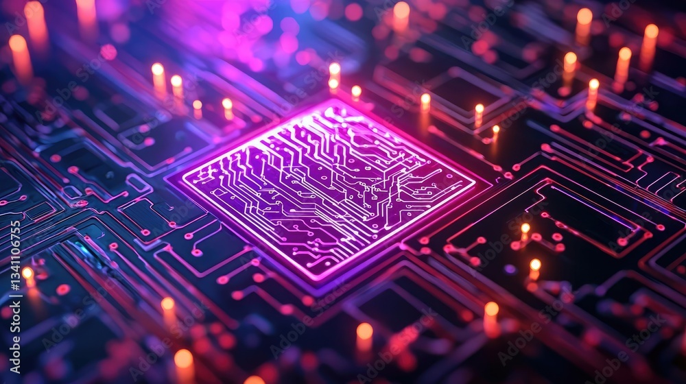 Poster Artificial intelligence database and future computing concept. Futuristic circuit board with vibrant neon lights and intricate details.