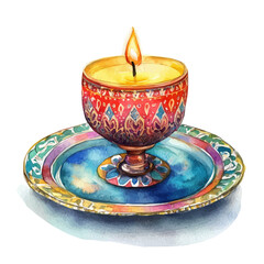 A Watercolor traditional floral Candle with red ribbon on a blue plate Front View. Traditional Persian New Year Hyacinth, isolated on a white background. Nowruz vector design set