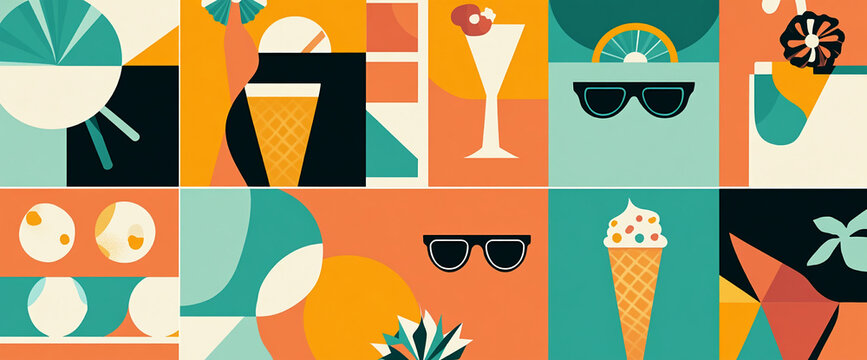 Abstract summer collage featuring ice cream, cocktails, sunglasses, and tropical motifs, creating a vibrant and cheerful mood, ideal for summer promotions or vacation themes