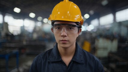 A worker wearing a yellow hard hat and dark blue uniform stands in an industrial factory setting, emphasizing safety gear and the manufacturing environment
